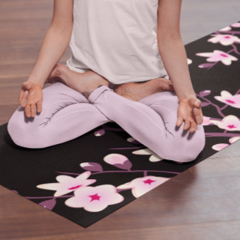 Floral Cherry Blossom Pink Black Yoga Mat by NinaBaydur at Zazzle