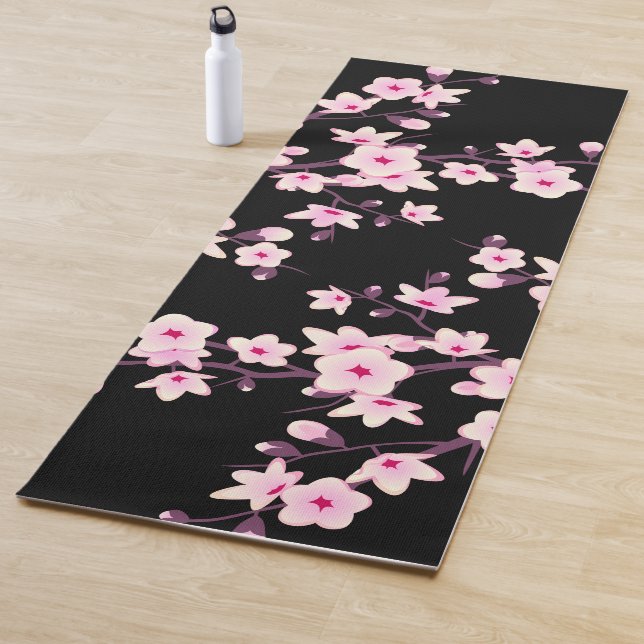 Floral Cherry Blossom Pink Black Yoga Mat (In Situ)