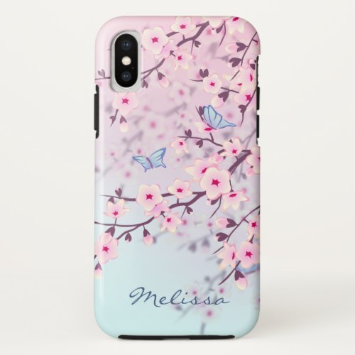 Floral Cherry Blossom Pink Blue Monogram iPhone X Case