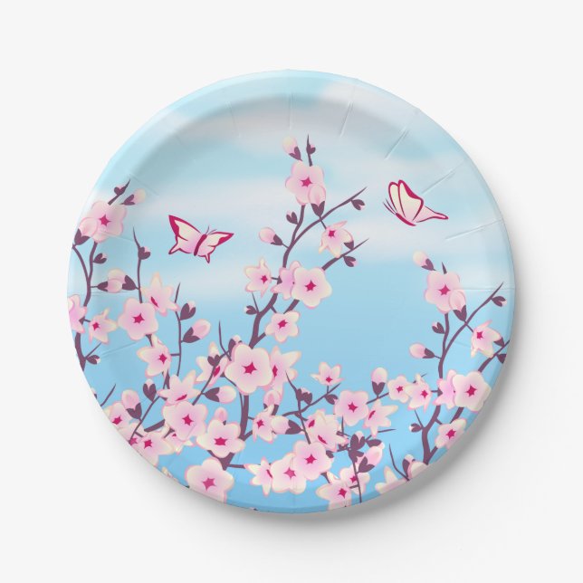 Floral Cherry Blossom Pink Blue Paper Plates (Front)
