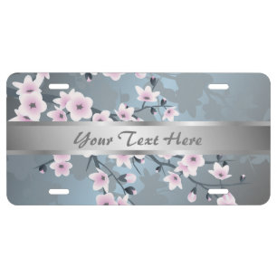 Floral Cherry Blossom Pink Blue Silver Add Text License Plate