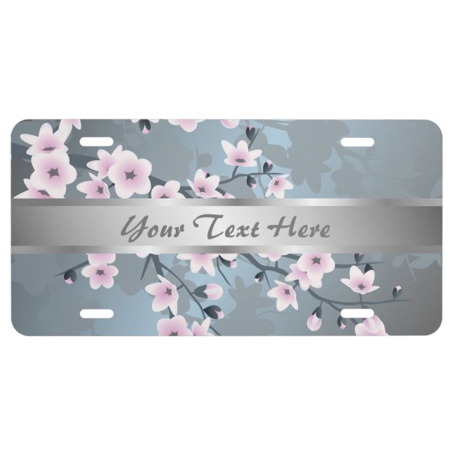 Floral Cherry Blossom Pink Blue Silver Add Text License Plate (Front)