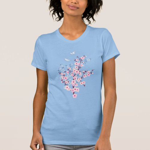 Floral Cherry Blossom Pink Blue T_Shirt