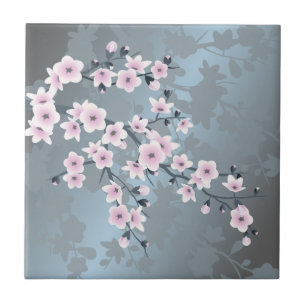 Floral Cherry Blossom Pink Dusty Blue Ceramic Tile