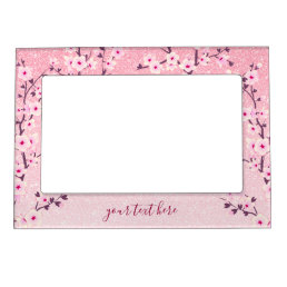 Floral Cherry Blossom Pink Glitter Add Text Magnetic Frame
