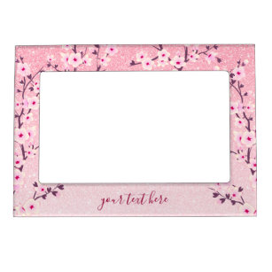 Floral Cherry Blossom Pink Glitter Add Text Magnetic Frame