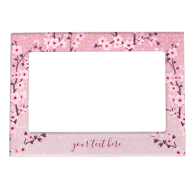 Floral Cherry Blossom Pink Glitter Add Text Magnetic Frame (Front)