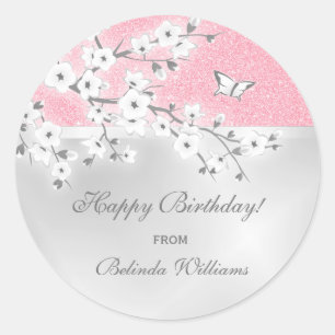Floral Cherry Blossom Pink Glitter Custom Birthday Classic Round Sticker