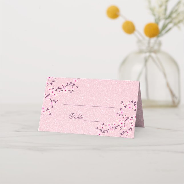 Floral Cherry Blossom Pink Glitter Girl Baby Showe Place Card (Front)