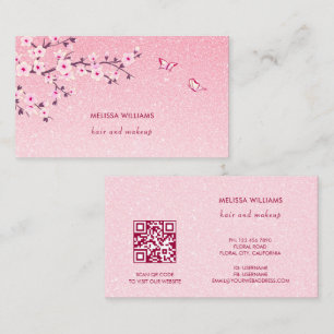 Floral Cherry Blossom Pink Glitter QR Code Business Card