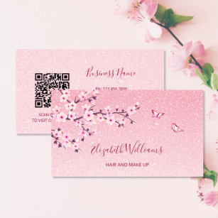 Floral Cherry Blossom Pink Glitter QR Code Business Card