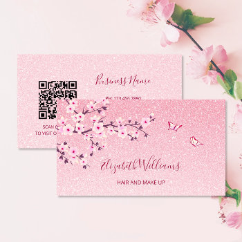 Floral Cherry Blossom Pink Glitter Qr Code Business Card by SparklingSakura at Zazzle