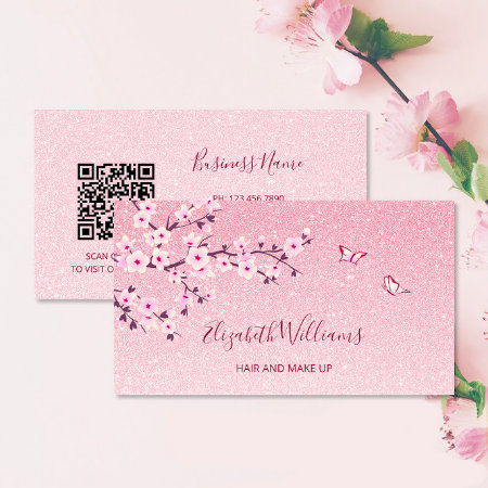 Floral Cherry Blossom Pink Glitter Qr Code Business Card