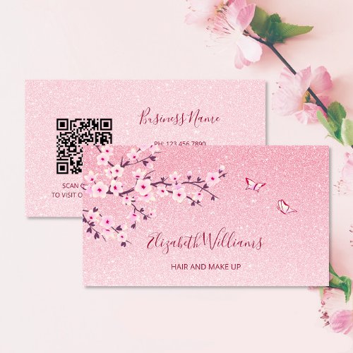 Floral Cherry Blossom Pink Glitter QR Code Business Card