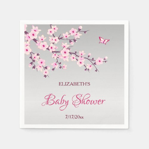 Floral Cherry Blossom Pink Gray  Baby Shower  Napkins