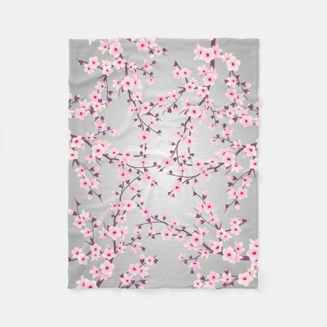Floral Cherry Blossom Pink Gray Fleece Blanket (Front)