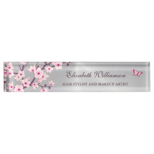 Floral Cherry Blossom Pink Gray Hair And Makeup Desk Name Plate