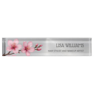 Floral Cherry Blossom Pink Gray Hair And Makeup Desk Name Plate