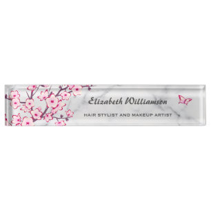 Floral Cherry Blossom Pink Gray Marble Desk Name Plate