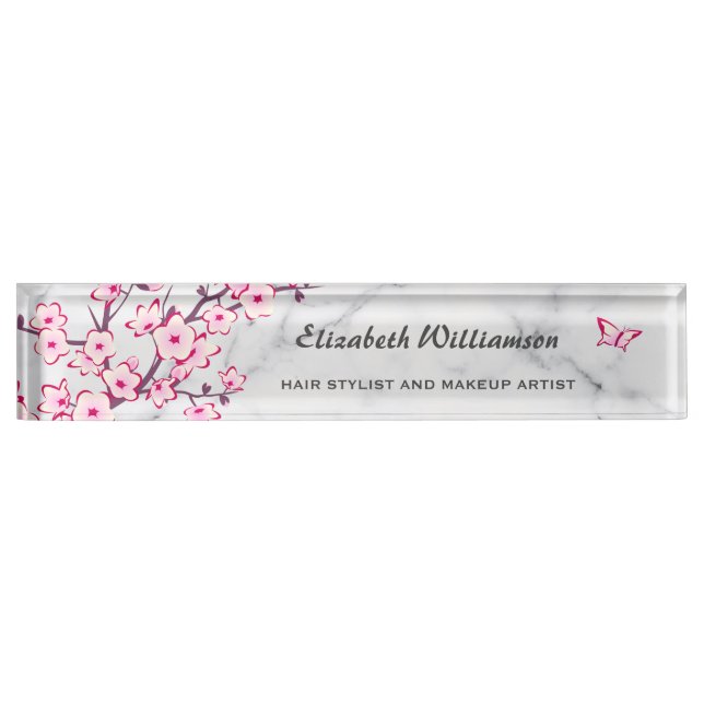 Floral Cherry Blossom Pink Gray Marble Desk Name Plate (Front)