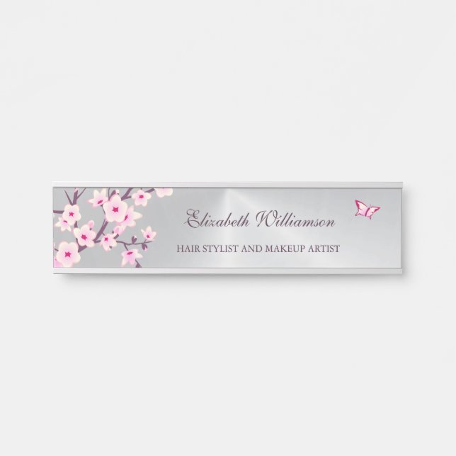 Floral Cherry Blossom Pink Gray Office  Door Sign (Front)