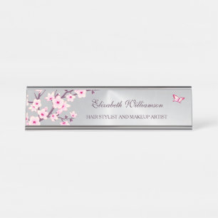 Floral Cherry Blossom Pink Gray Salon Desk Name Plate