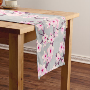 Floral Cherry Blossom Pink Gray Short Table Runner