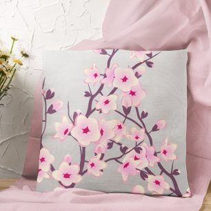 Floral Cherry Blossom Pink Gray Throw Pillow