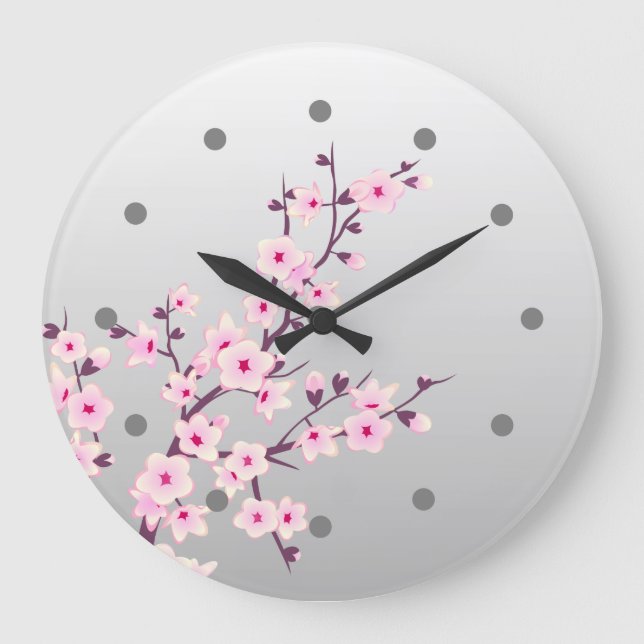 Floral Cherry Blossom Pink Gray Wall Clock (Front)