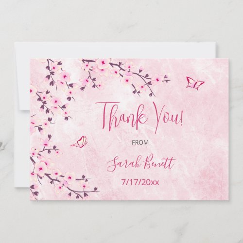 Floral Cherry Blossom Pink Marble Baby Shower  Thank You Card