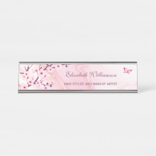 Floral Cherry Blossom Pink Marble Hair And Makeup Desk Name Plate