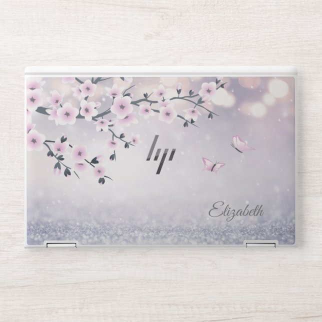 Floral Cherry Blossom Pink Mauve Bokeh Glitter HP Laptop Skin (Front)