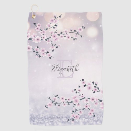 Floral Cherry Blossom Pink Mauve Glitter Monogram  Golf Towel