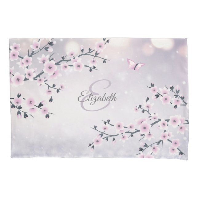 Floral Cherry Blossom Pink Mauve Glitter Monogram Pillow Case (Front)