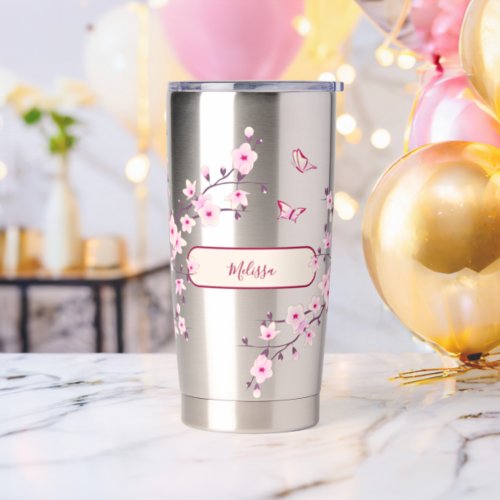 Floral Cherry Blossom  Pink Monogram Insulated Tumbler