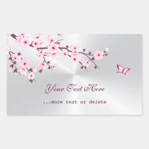 Floral Cherry Blossom Pink Silver Add Text Rectangular Sticker
