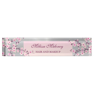 Floral Cherry Blossom Pink Silver Desk Name Plate