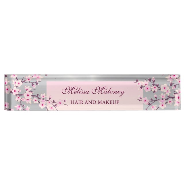 Floral Cherry Blossom Pink Silver Desk Name Plate (Front)