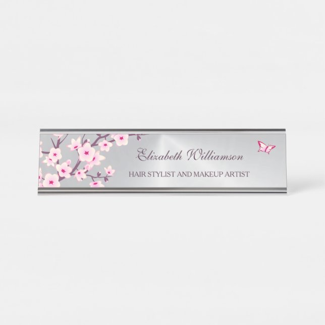 Floral Cherry Blossom Pink Silver Salon Desk Name Plate (Front)