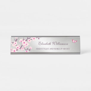 Floral Cherry Blossom Pink Silver Salon Desk Name Plate