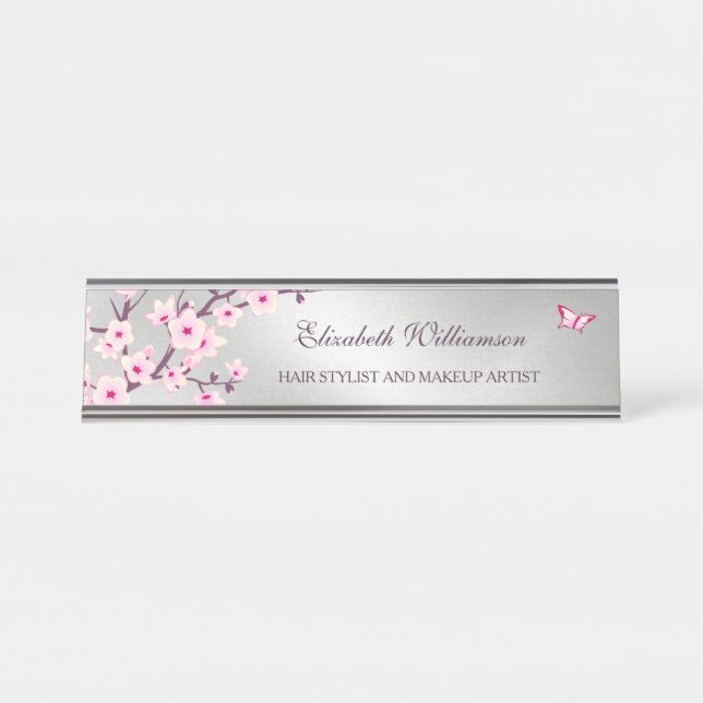 Floral Cherry Blossom Pink Silver Salon Desk Name Plate (Front)