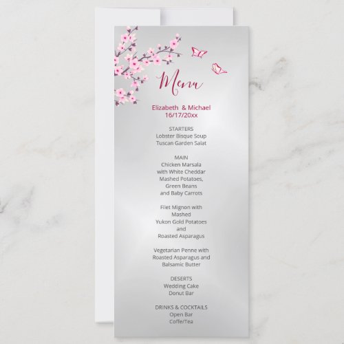 Floral Cherry Blossom Pink Silver Wedding Menu   Invitation