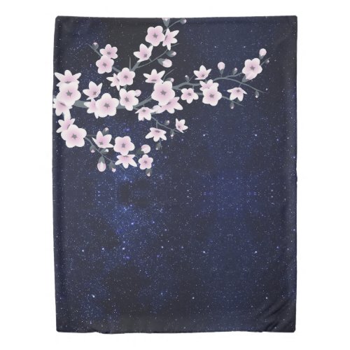 Floral Cherry Blossom Pink Starry Sky Dark Blue Duvet Cover