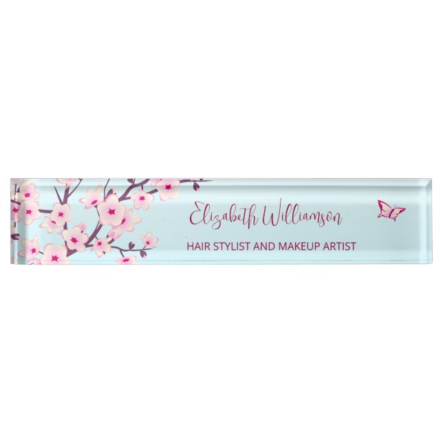 Floral Cherry Blossom Pink Turquoise  Desk Name Plate (Front)