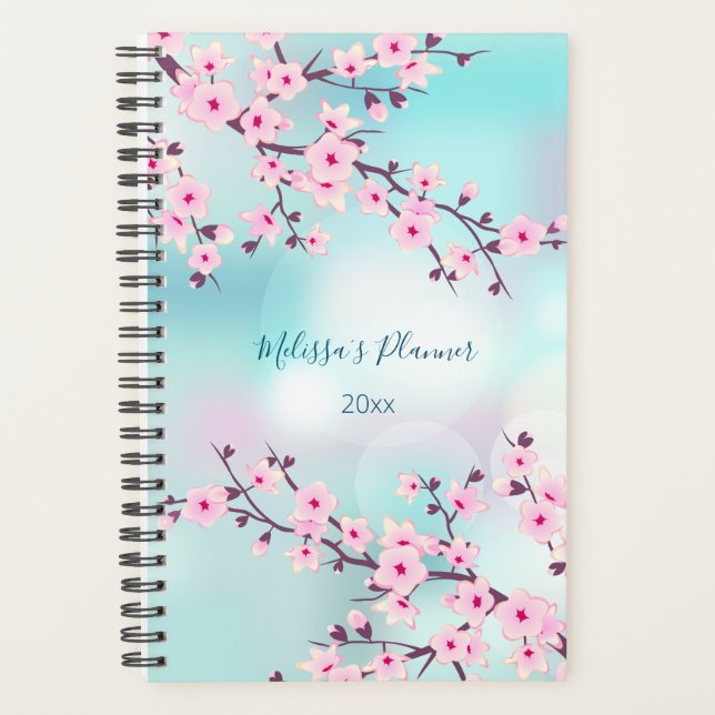 Floral Cherry Blossom Pink Turquoise Name And Year Planner (Front)
