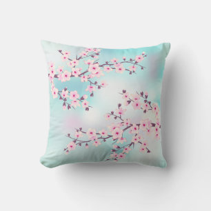 Floral Cherry Blossom Pink Turquoise Outdoor Pillow