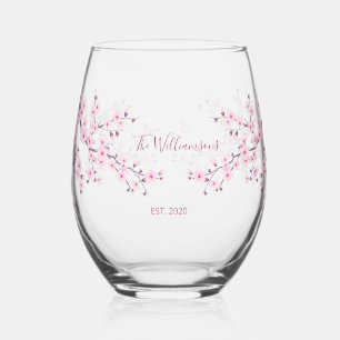 Floral Cherry Blossom Pink Wedding Stemless Wine Glass