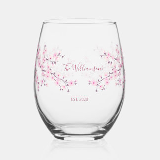 Floral Cherry Blossom Pink Wedding Stemless Wine Glass