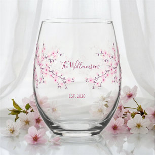 Floral Cherry Blossom Pink Wedding Stemless Wine Glass