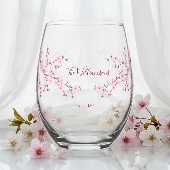 Floral Cherry Blossom Pink Wedding Stemless Wine Glass (Creator Uploaded)